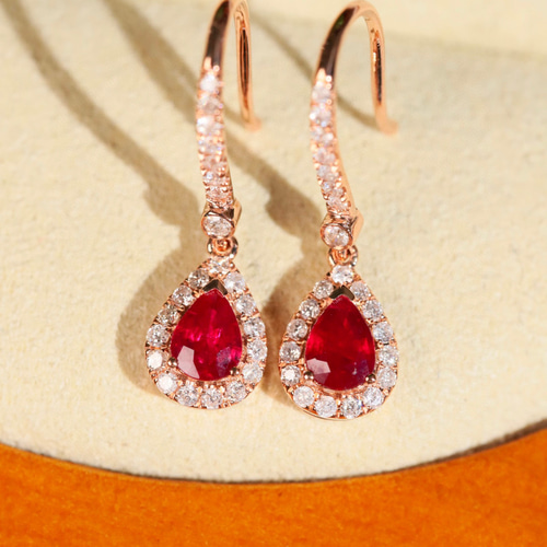 天然ダイヤモンド付きルビーピアスk18 ピアス（フック・チェーン  