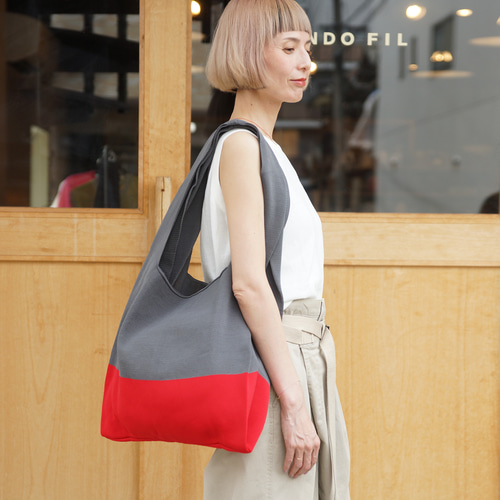 マルシェバッグ 【 グレー × レッド 】 バイカラー ニットバッグ A4