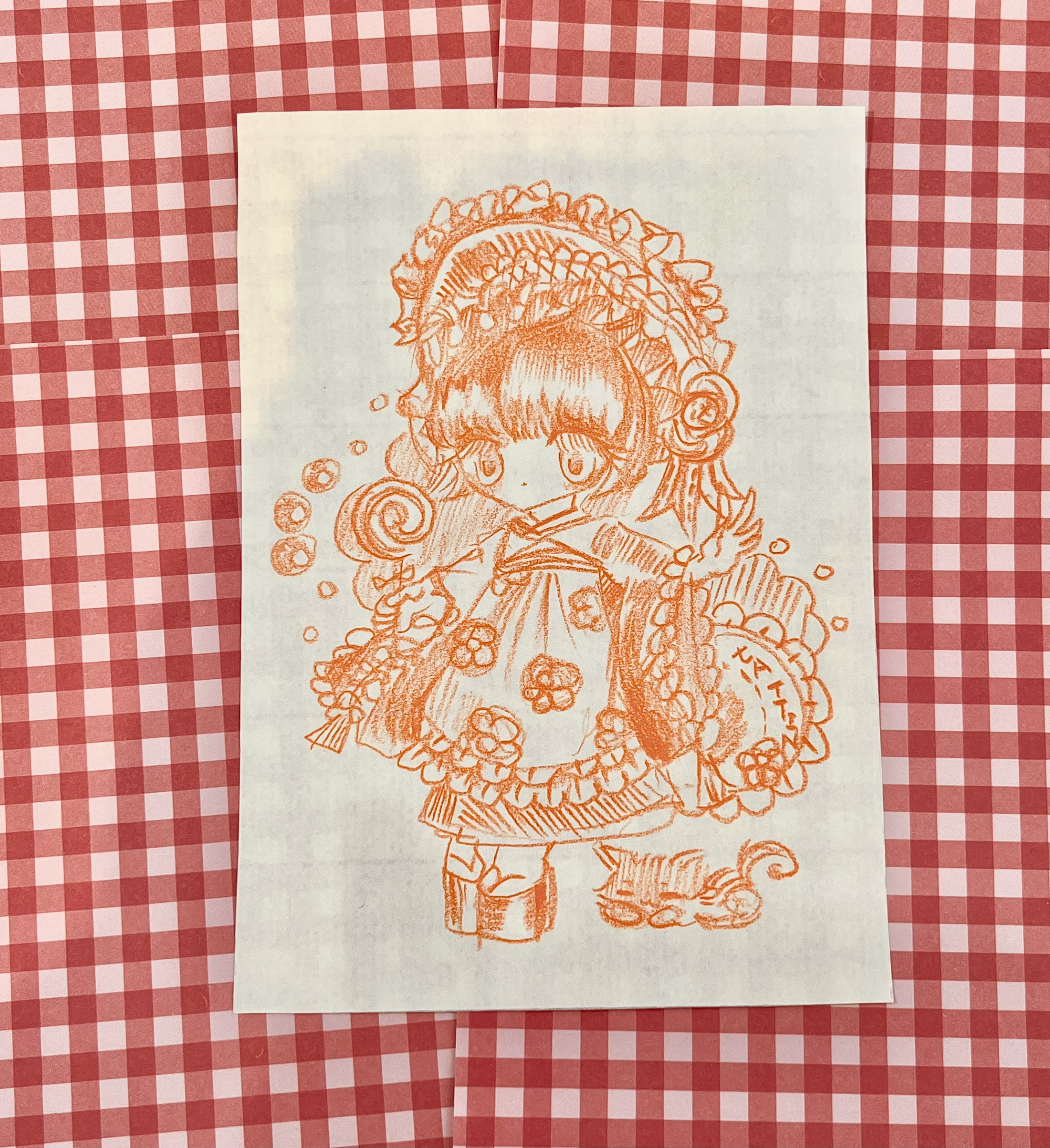 no.15『文化人形ちゃんと黒猫』 手描きイラスト 色鉛筆画
