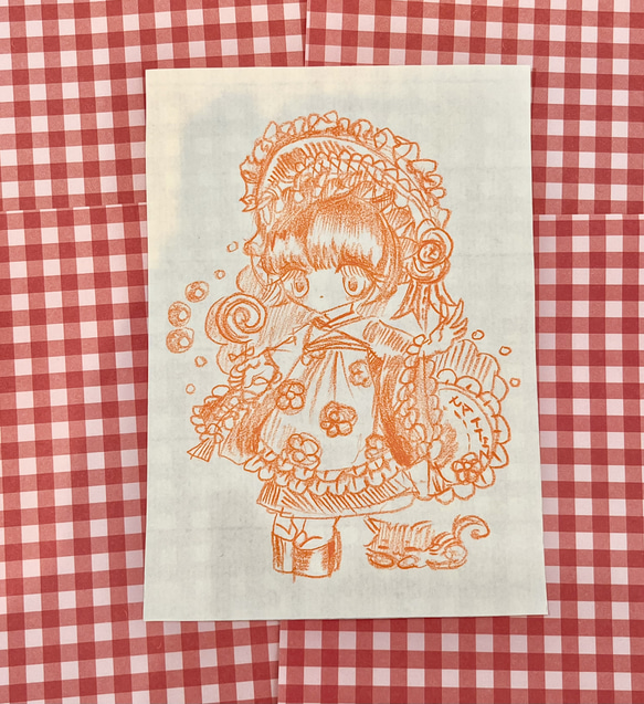 no.15『文化人形ちゃんと黒猫』 手描きイラスト 色鉛筆画