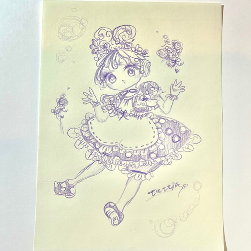 no.17『ふわふわ巻毛ちゃんwith水玉ワンピース』 手描きイラスト