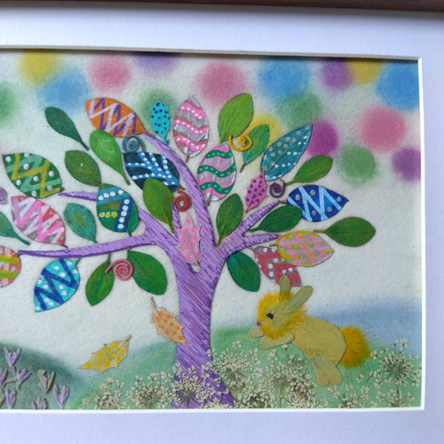 虹の玉とうさぎちゃん～押し花アート すぐに飾れる額つき 切り絵