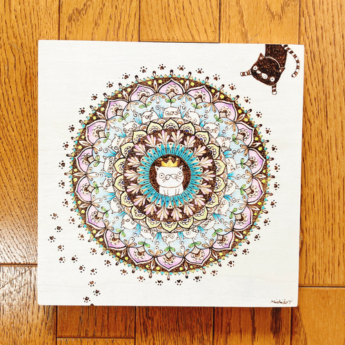 ウッドバーニング原画 猫曼荼羅（こんにちは王様）送料無料