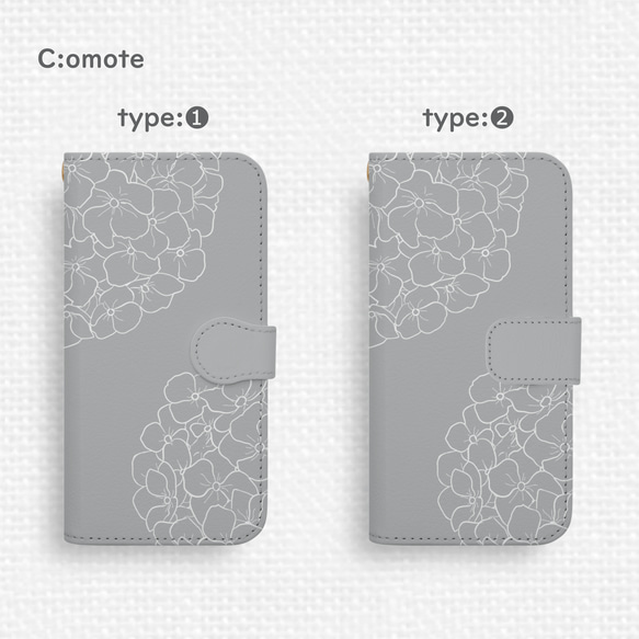 送料無料★ふわり紫陽花Android手帳型スマホケース アイスグレー 花 線画 ラインアート 全機種対応 モノトーン 灰 4枚目の画像