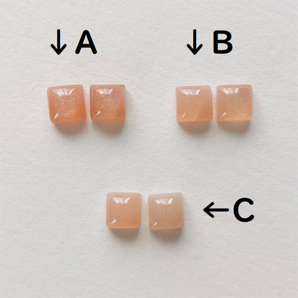 ６ｍｍ ピーチムーンストーン スクエアカボションピアス 【金属アレルギー対応】　AP-＃293 6枚目の画像