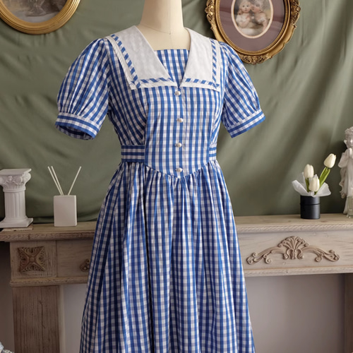 ♡xs-2xl【棉100％】ブルーチェックスカート.手作りレトロワンピース