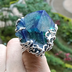 日光螢石原礦手工銀戒 純銀戒指~ 「藍綠之間」~ Fluorite Mineral Silver Ring 第4張的照片