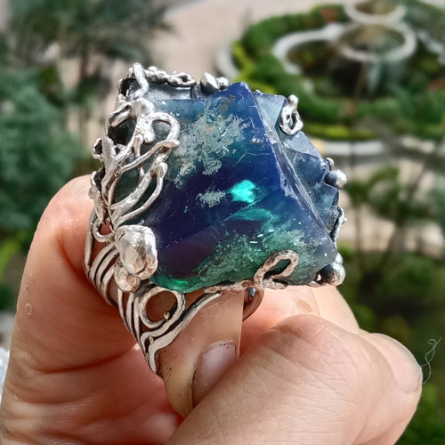 太陽光蛍石原石ハンドメイドシルバーリング スターリング