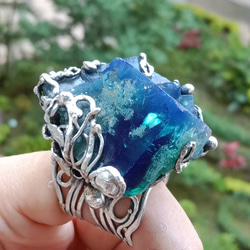 日光螢石原礦手工銀戒 純銀戒指~ 「藍綠之間」~ Fluorite Mineral Silver Ring 第1張的照片