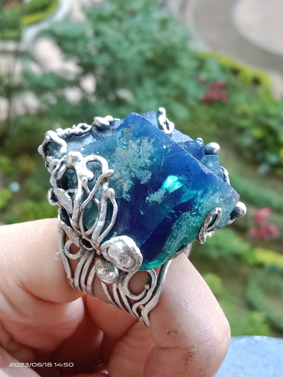 日光螢石原礦手工銀戒 純銀戒指~ 「藍綠之間」~ Fluorite Mineral Silver Ring 第1張的照片