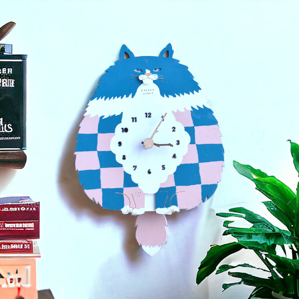 長毛猫 × 市松模様 × ターコイズブルー × フロリダピンクの時計 木製 振り子時計 掛け時計 1枚目の画像