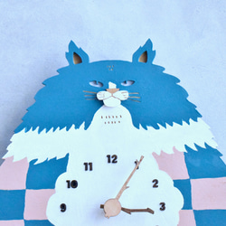 長毛猫 × 市松模様 × ターコイズブルー × フロリダピンク レギュラーサイズ 時計 木製 振り子時計 掛け時計 3枚目の画像