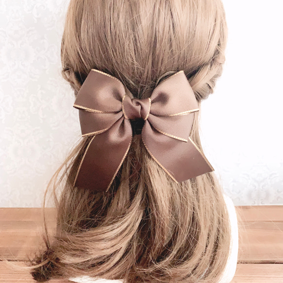 ビッグダブルリボン 金ふち 焦げ茶 ブラウン リボンヘアアクセサリー
