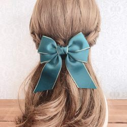 ビッグダブルリボン 金ふち 深緑 グリーン リボンヘアアクセサリー
