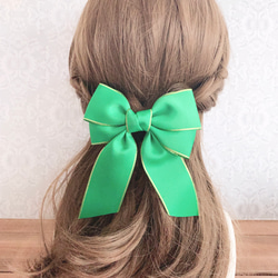 accaバレッタ　キラキラリボン　グリーン ビッグダブルリボン 金ふち 緑 グリーン リボンヘアアクセサリー