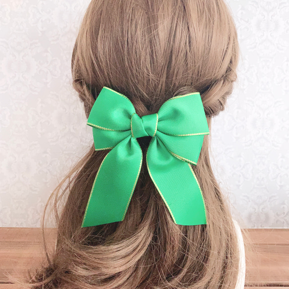 【送料無料】ビッグダブルリボン 金ふち 緑 グリーン リボンヘアアクセサリー バレッタ ポニーフック クリップ ゴム 1枚目の画像