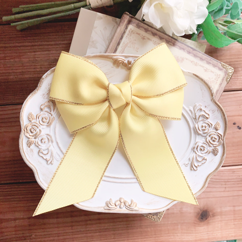 ビッグダブルリボン 金ふち レモン 黄色 イエロー リボンヘア