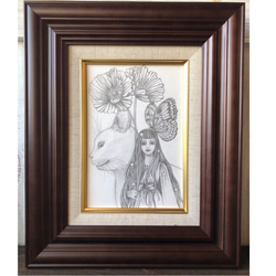 「蟲の姫と白猫」SMサイズ額付きアート作品 原画 猫 徳島洋子作品 1枚目の画像