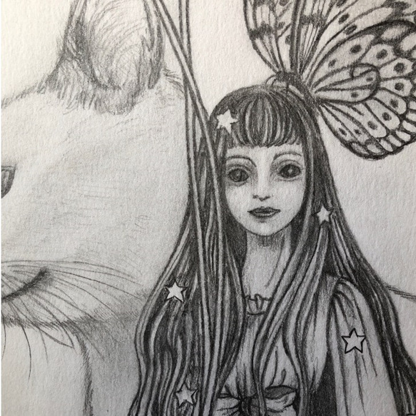 「蟲の姫と白猫」SMサイズ額付きアート作品 原画 猫 徳島洋子作品 2枚目の画像