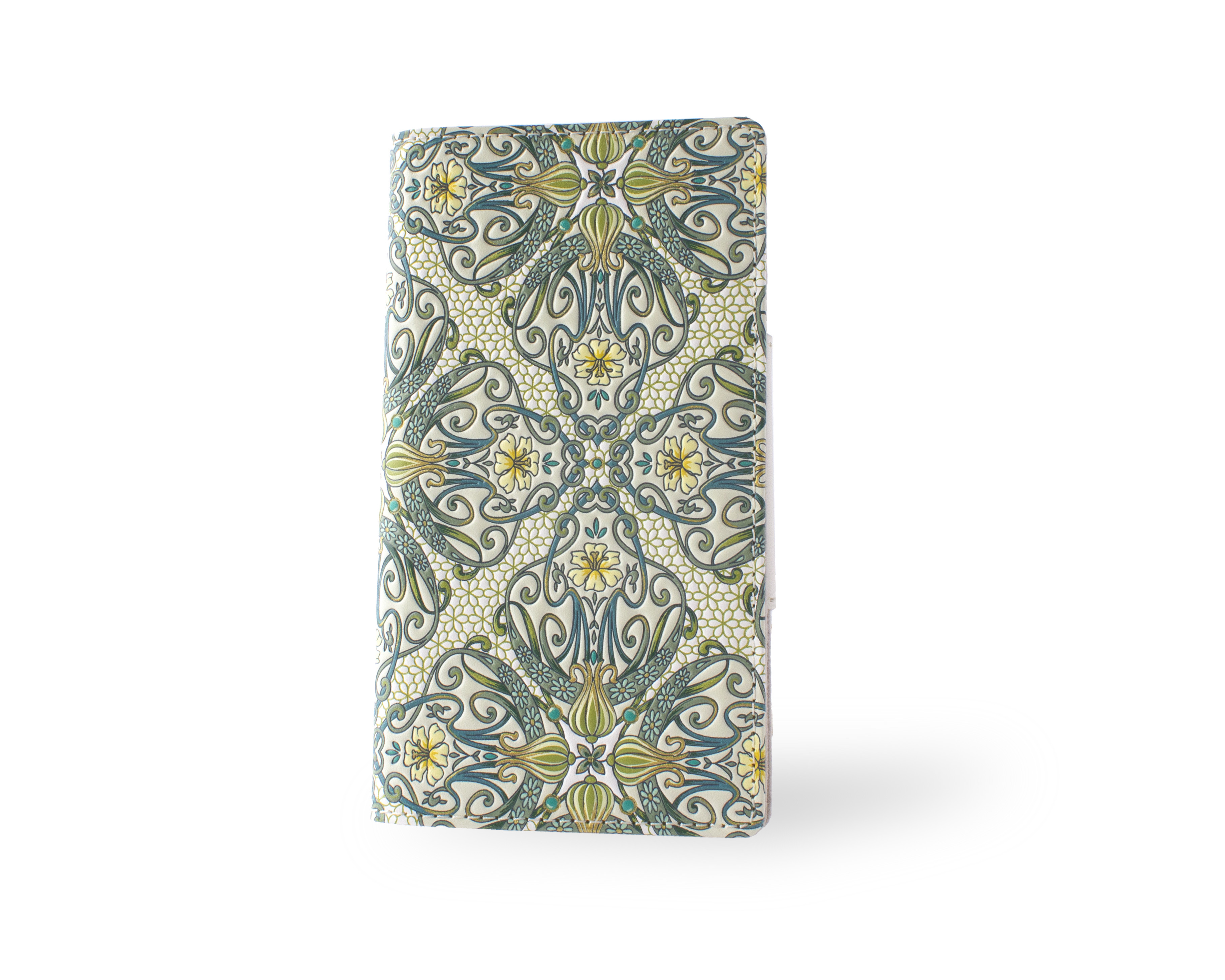 浅草文庫　多機種対応　スマホケース　手帳型　吸盤式　牛革/文庫革　アールヌーボー柄グリーン【470018】