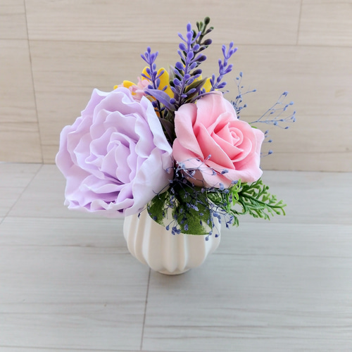 クレイフラワー❀仏花❀ひまわりと芍薬とピンクのバラ アート