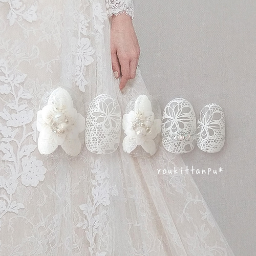 ネイルチップ＊ホワイトフラワーレース＊ブライダル ウェディング つけ  