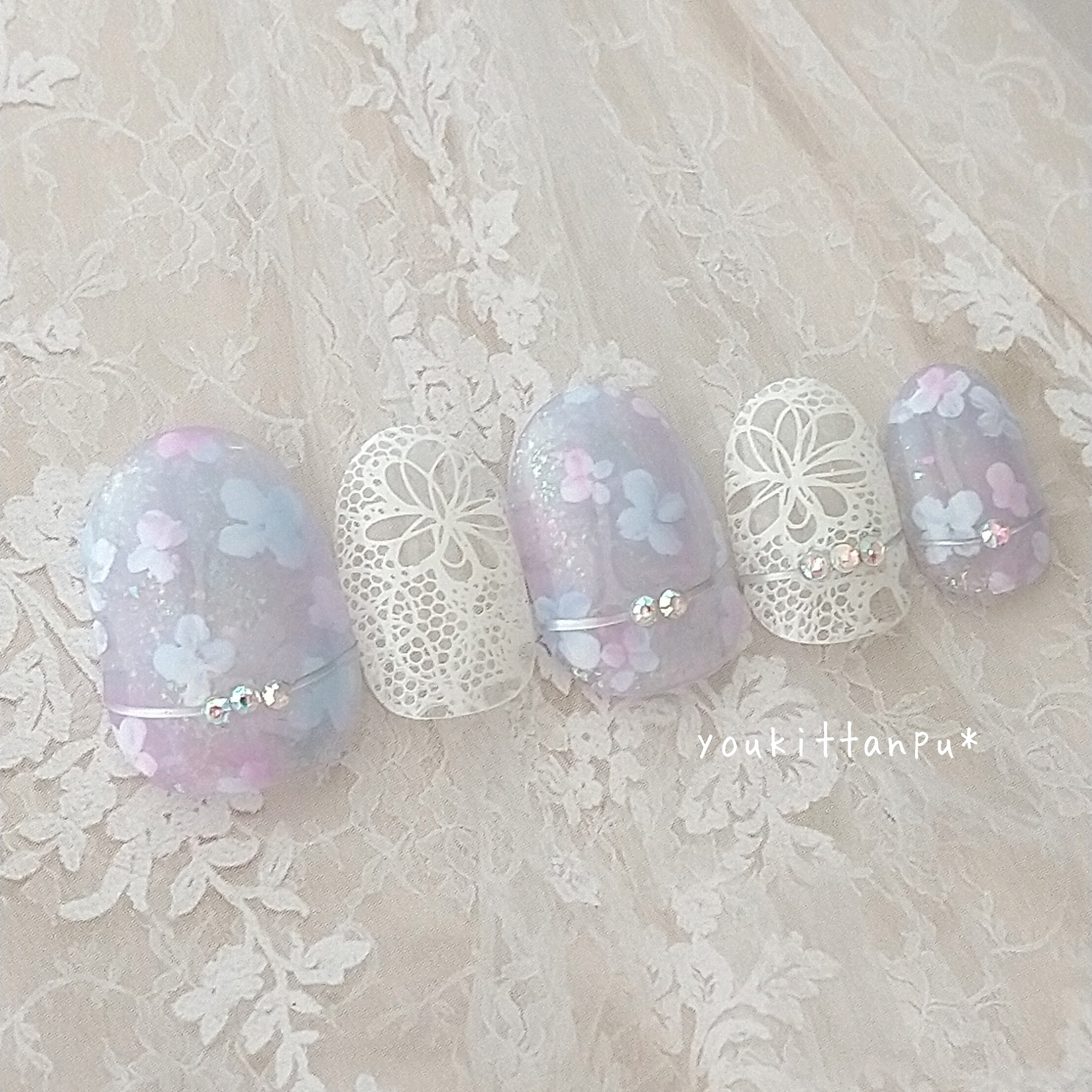 ネイルチップ＊紫陽花ニュアンス＆レース＊ブライダル ウェディング つけ爪 結婚式 白無垢 成人式 振袖 シンプル 花 春
