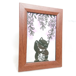 招き猫～藤の花～和紙 黒猫 シンプル【切り絵】 4枚目の画像