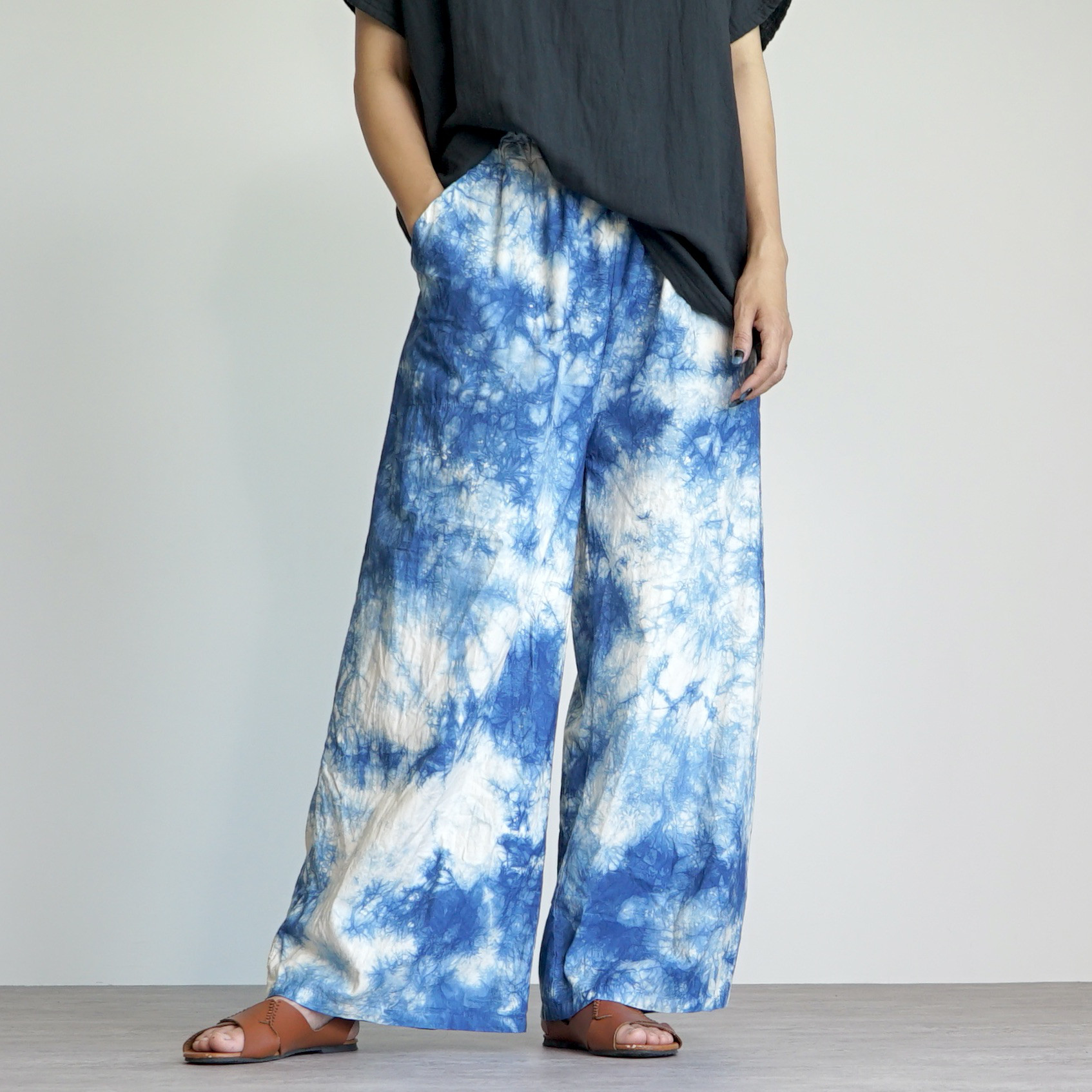さら軽ワイドパンツ/ブルーまだら/三河織物