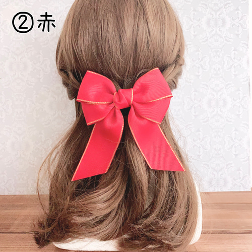 ビッグダブルリボン 金ふち 赤 レッド リボンヘアアクセサリー