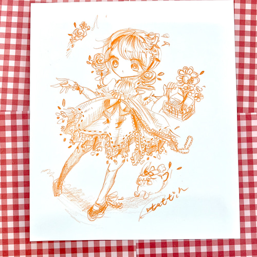 no.18『お花畑のフリルちゃん』 手描きイラスト 大判 オリジナル
