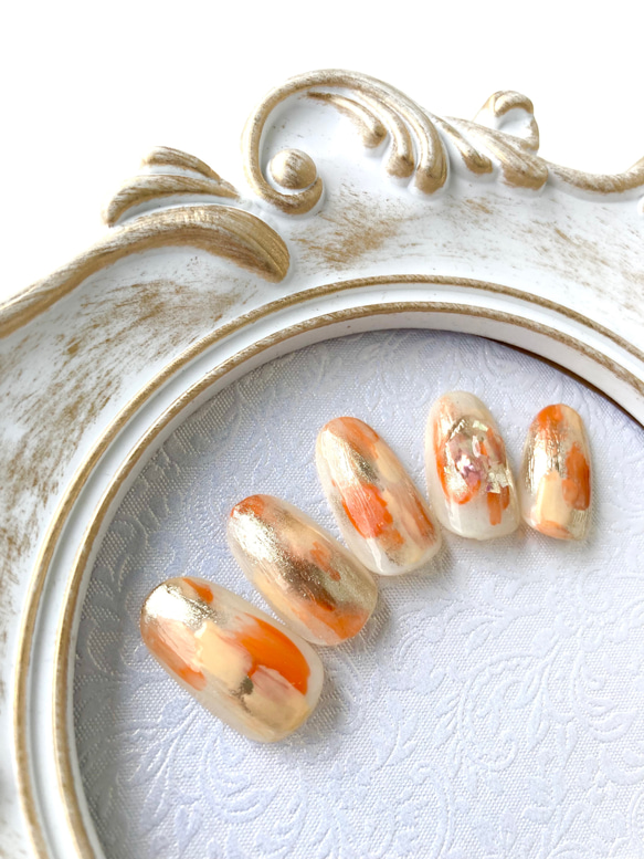 サイズオーダー♡天然石風ニュアンス×ミラーネイルチップオレンジ