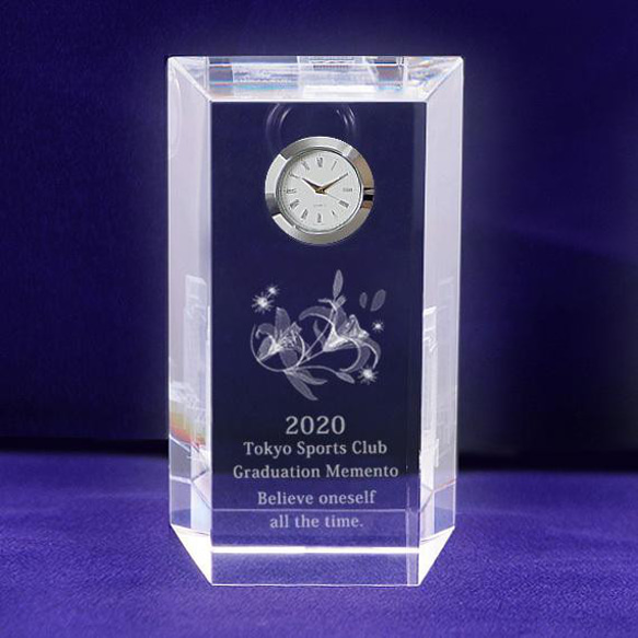 クリスタルガラス置時計 記念品 選べる3Ｄフラワー 名入れ彫刻 ギフト 退職祝い 金婚式 銀婚式 NKTR-0023 時 2枚目の画像