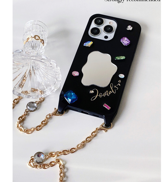 文字刻印+宝石+鏡の斜め掛け携帯スマホケース ショルダー ストラッ❤iphone14 iphone13 iphone15 3枚目の画像
