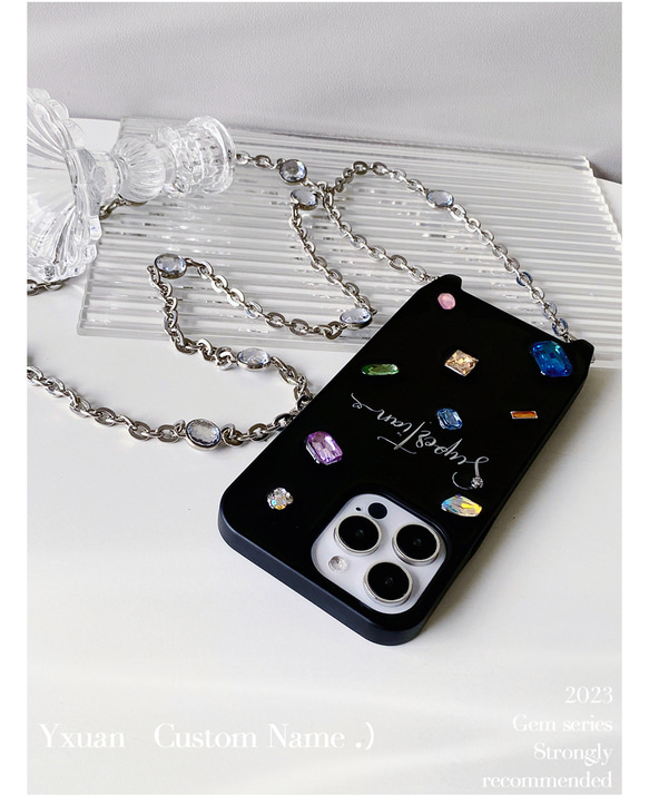 文字刻印+宝石+鏡の斜め掛け携帯スマホケース ショルダー ストラッ❤iphone14 iphone13 iphone15 10枚目の画像