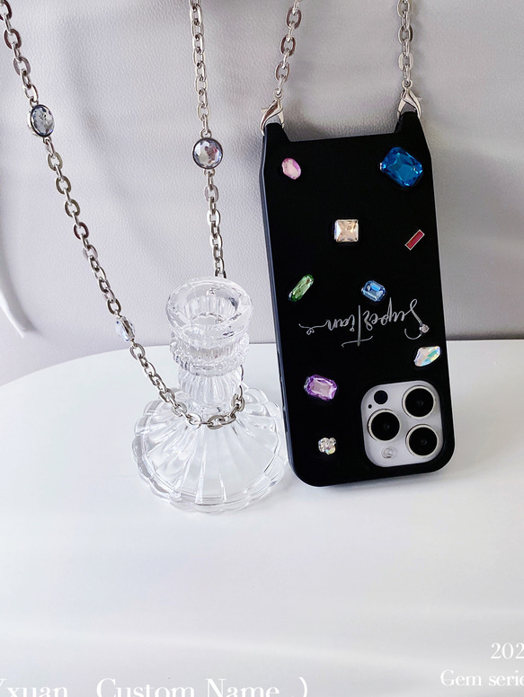 文字刻印+宝石+鏡の斜め掛け携帯スマホケース ショルダー ストラッ❤iphone14 iphone13 iphone15 4枚目の画像