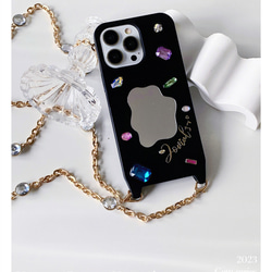 文字刻印+宝石+鏡の斜め掛け携帯スマホケース ショルダー ストラッ❤iphone14 iphone13 iphone15 7枚目の画像