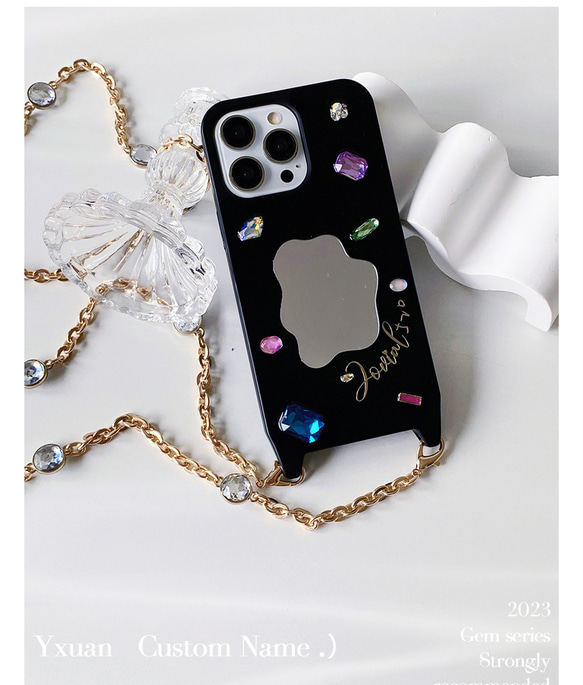 文字刻印+宝石+鏡の斜め掛け携帯スマホケース ショルダー ストラッ❤iphone14 iphone13 iphone15 7枚目の画像