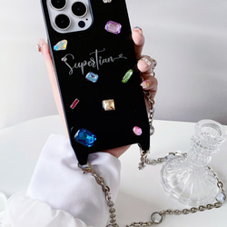 文字刻印+宝石+鏡の斜め掛け携帯スマホケース ショルダー ストラッ❤iphone14 iphone13 iphone15 2枚目の画像