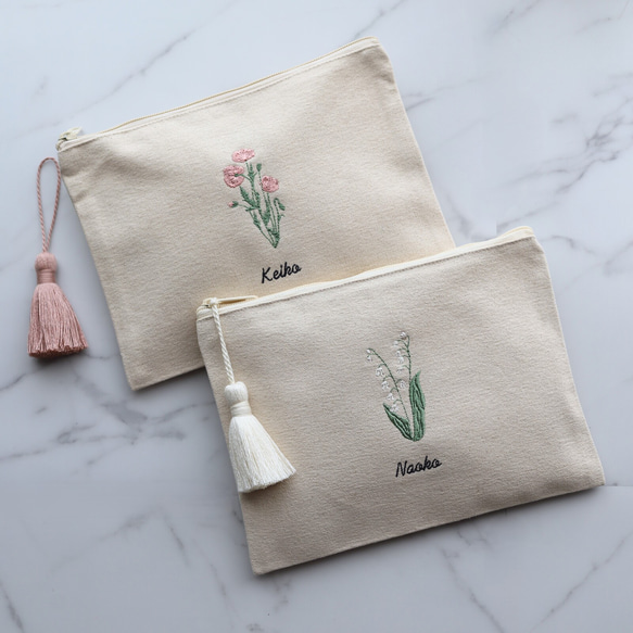 お花15種【フラワー刺繍ポーチ】フラットポーチ タッセルありなし選べます♪名入れ 名前入り 14枚目の画像
