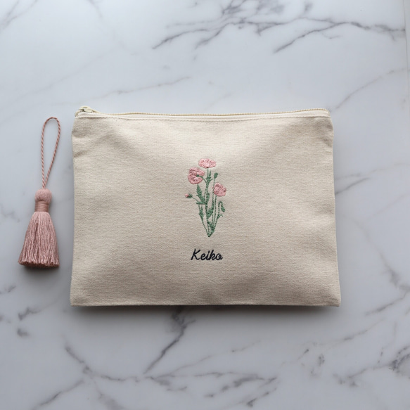 お花15種【フラワー刺繍ポーチ】フラットポーチ タッセルありなし選べます♪名入れ 名前入り 16枚目の画像