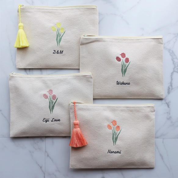 お花15種【フラワー刺繍ポーチ】フラットポーチ タッセルありなし選べます♪名入れ 名前入り 5枚目の画像