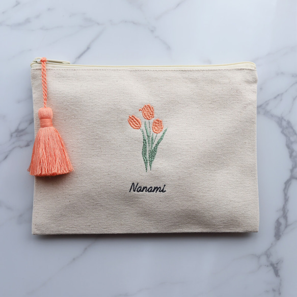 お花15種【フラワー刺繍ポーチ】フラットポーチ タッセルありなし選べます♪名入れ 名前入り 9枚目の画像