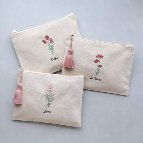 お花 名入れ刺繍フラットポーチ｜母子手帳・通帳・お薬手帳｜フラワー