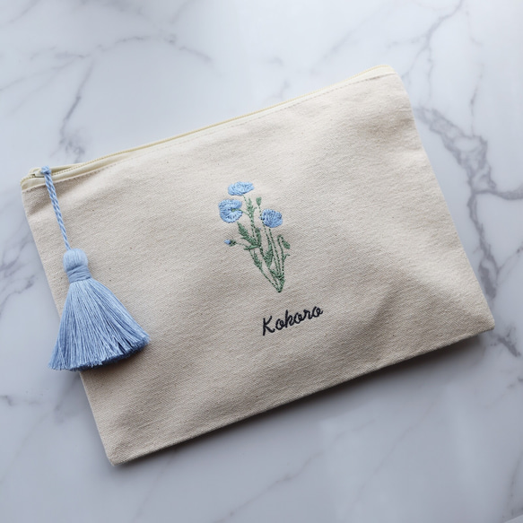 お花15種【フラワー刺繍ポーチ】フラットポーチ タッセルありなし選べます♪名入れ 名前入り 15枚目の画像