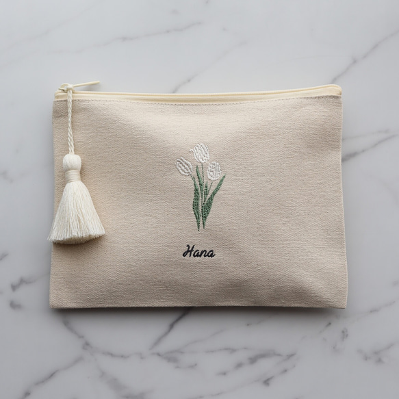 お花15種【フラワー刺繍ポーチ】フラットポーチ タッセルありなし選べます♪名入れ 名前入り 11枚目の画像