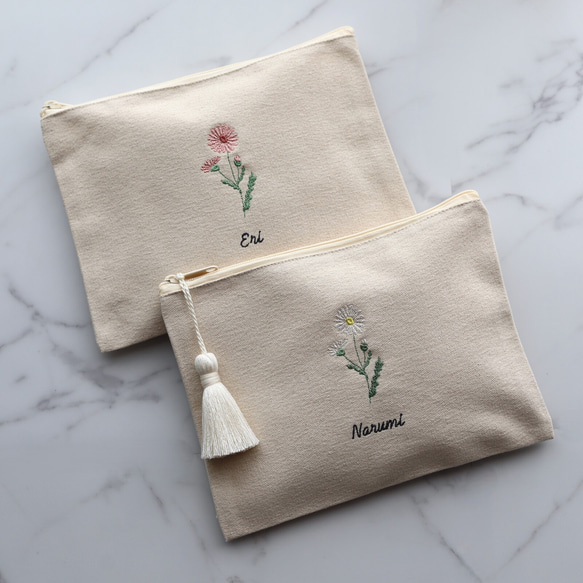 お花15種【フラワー刺繍ポーチ】フラットポーチ タッセルありなし選べます♪名入れ 名前入り 18枚目の画像