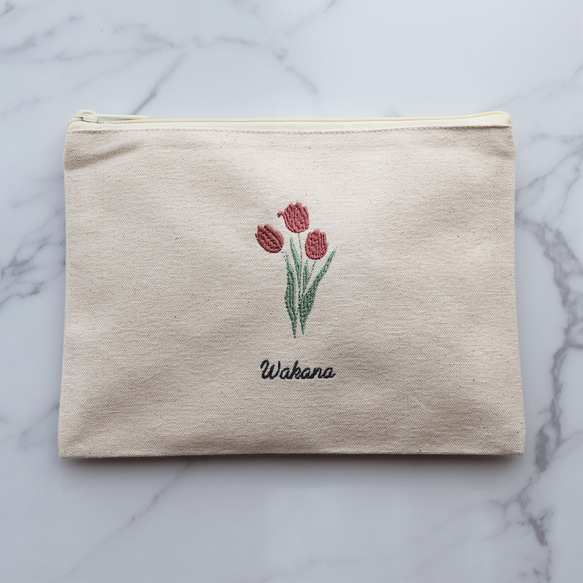 お花15種【フラワー刺繍ポーチ】フラットポーチ タッセルありなし選べます♪名入れ 名前入り 6枚目の画像