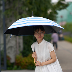 森野學校 晴雨兩用長傘 陽傘傘（手寫插畫藍色條紋）防紫外線 第6張的照片