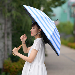 ﾓﾘﾉｶﾞｯｺｳ 晴雨兼用 長傘  日傘 雨傘 (手書きイラスト ブルーストライプ) UVカット 13枚目の画像